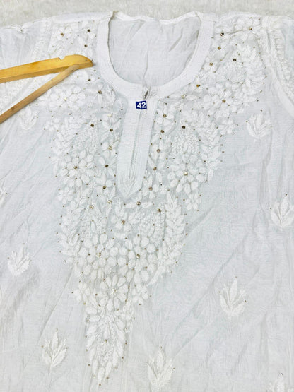 Ethereal White Lucknowi Chikankari Kurti with Georgette Kalidar Mukesh Work Sharara - Inayakhan Shop 