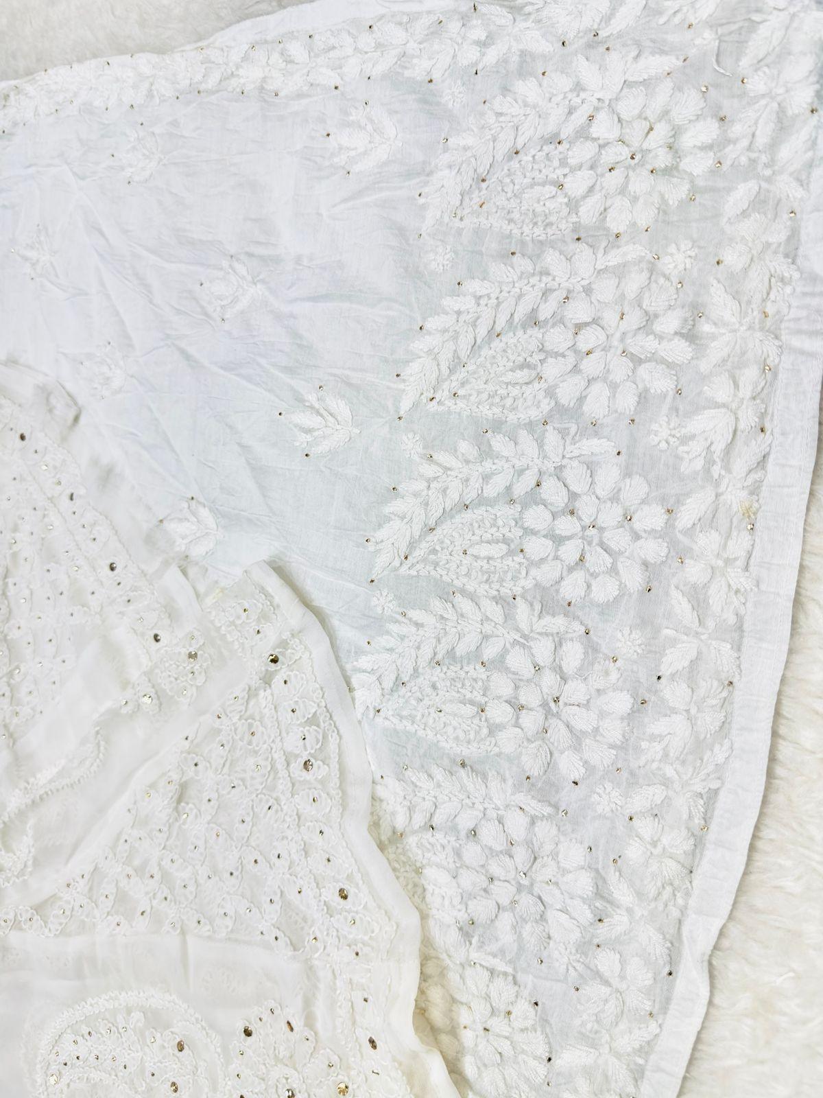 Ethereal White Lucknowi Chikankari Kurti with Georgette Kalidar Mukesh Work Sharara - Inayakhan Shop 