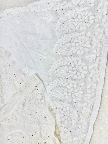 Ethereal White Lucknowi Chikankari Kurti with Georgette Kalidar Mukesh Work Sharara - Inayakhan Shop 