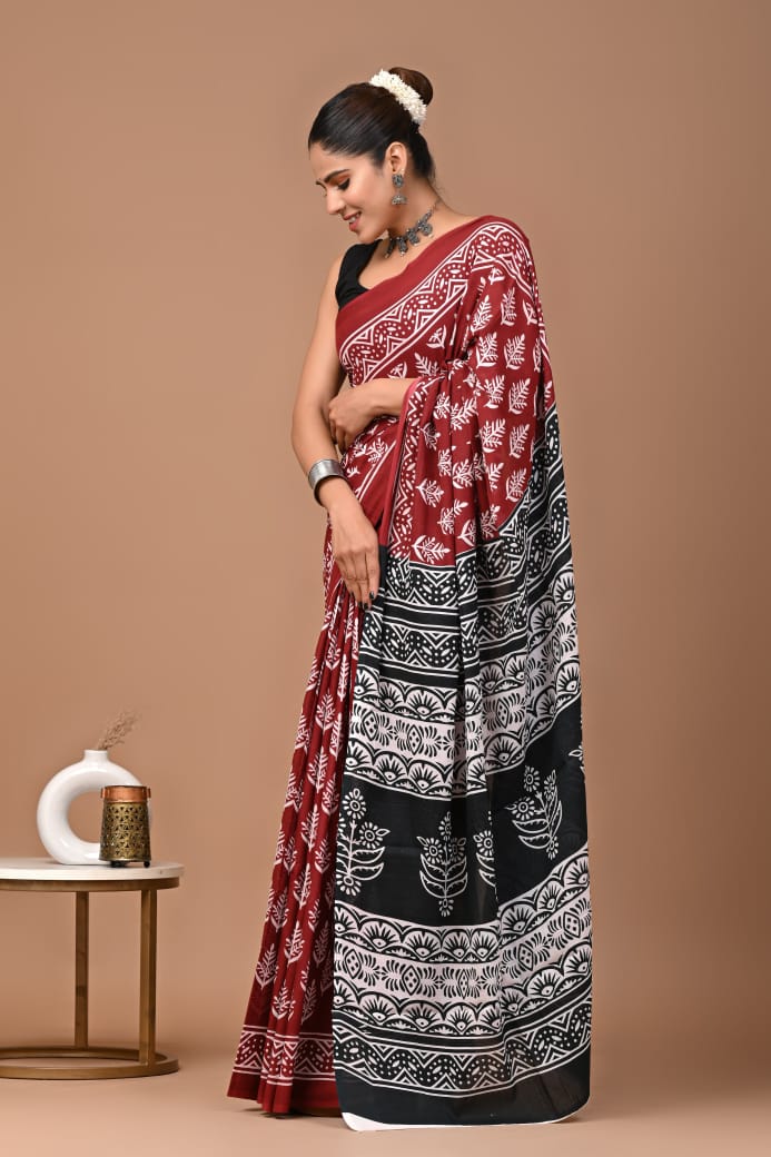 Black Maroon Ajrakh Cotton Mul Handblock Print Saree with Ready-to-Wear Blouse Set