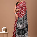 Black Maroon Ajrakh Cotton Mul Handblock Print Saree with Ready-to-Wear Blouse Set