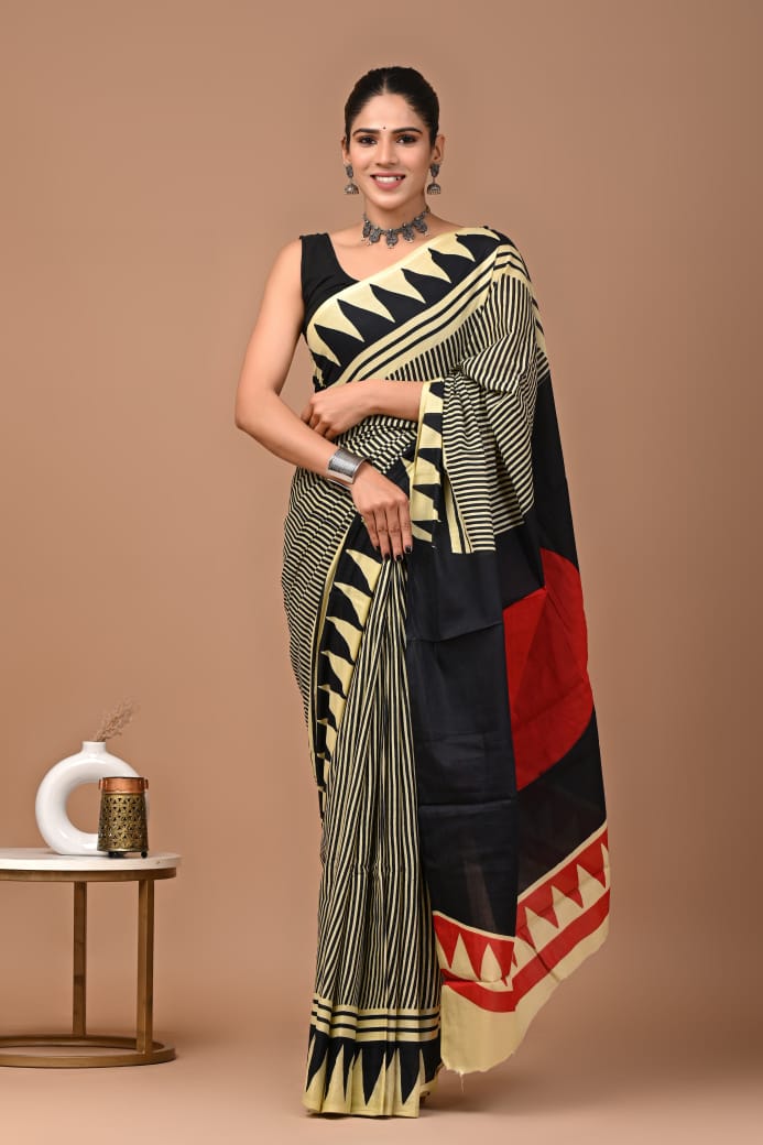 Black Beige Ajrakh Cotton Mul Handblock Print Saree with Ready-to-Wear Blouse Set