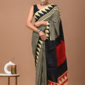 Black Beige Ajrakh Cotton Mul Handblock Print Saree with Ready-to-Wear Blouse Set