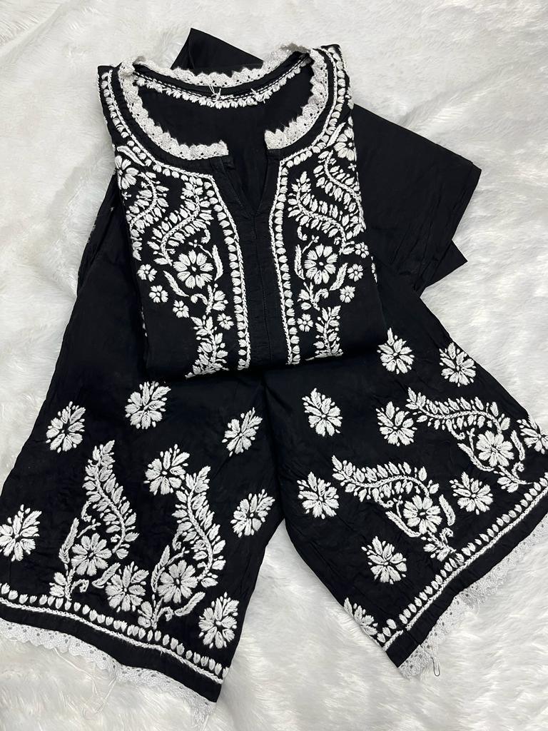 Exclusive Cotton Chikankari Kurti Plazo Set in Black and White - Inayakhan Shop 