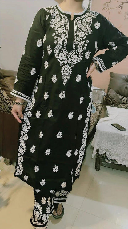 Exclusive Cotton Chikankari Kurti Plazo Set in Black and White - Inayakhan Shop 