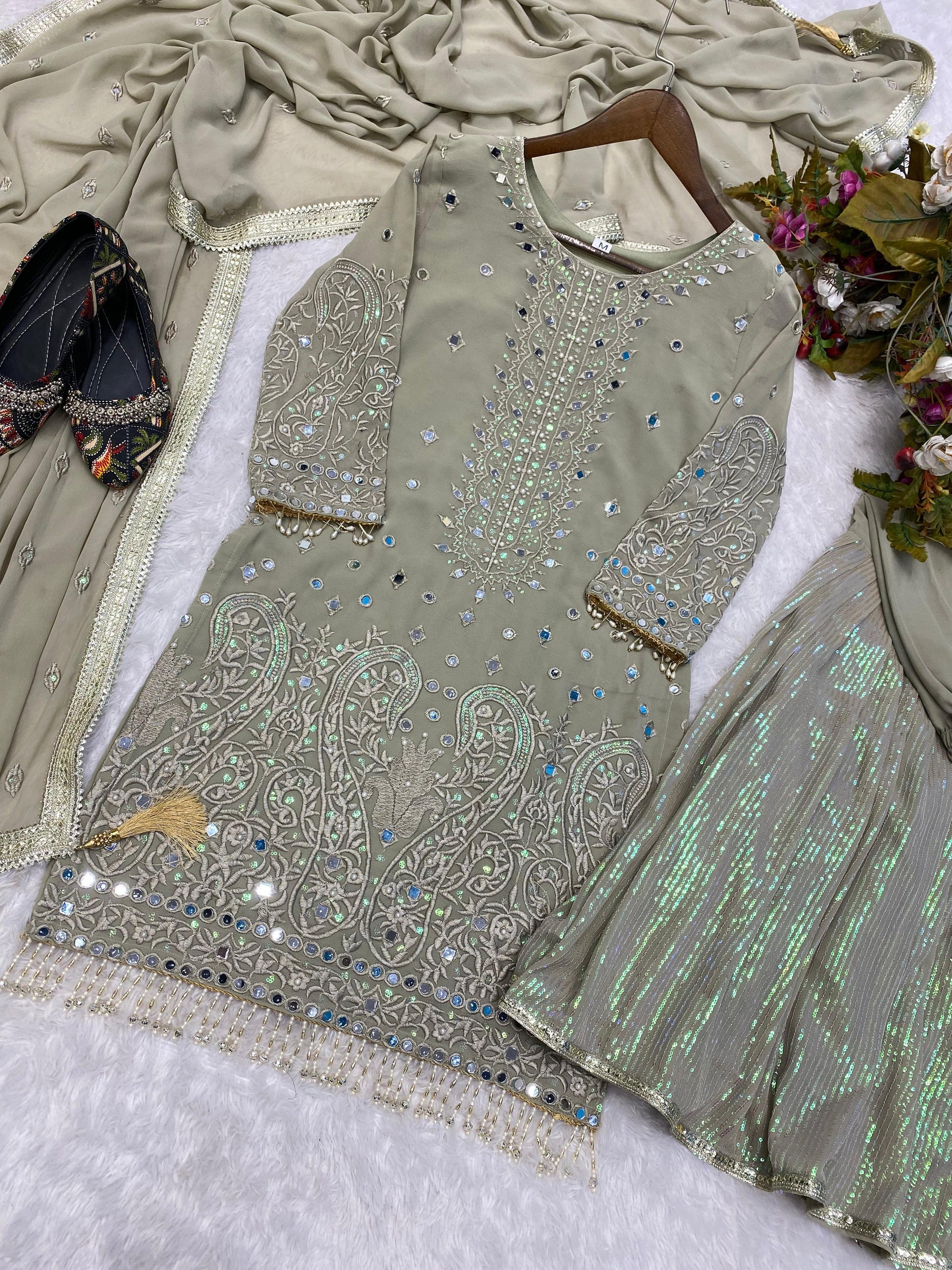 Exclusive Designer Heavy Georgette Sequins Work Suit with Full Flair Gharara - Pakistani Style - Inayakhan Shop 