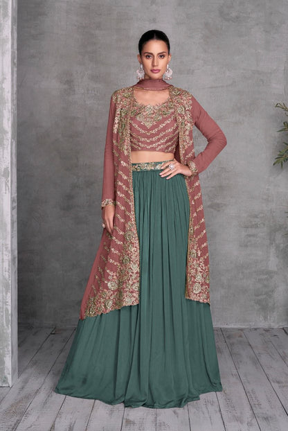 Dusty Pink Opulence Premium Indo-Western Long Jacket Top & Lehenga Set