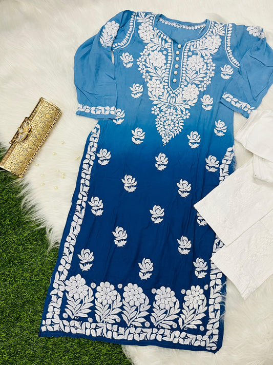 Blue Designer Muslin Kurti Quraishiya Button Lucknow Chikankari Pant Set