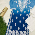 Blue Designer Muslin Kurti Quraishiya Button Lucknow Chikankari Pant Set