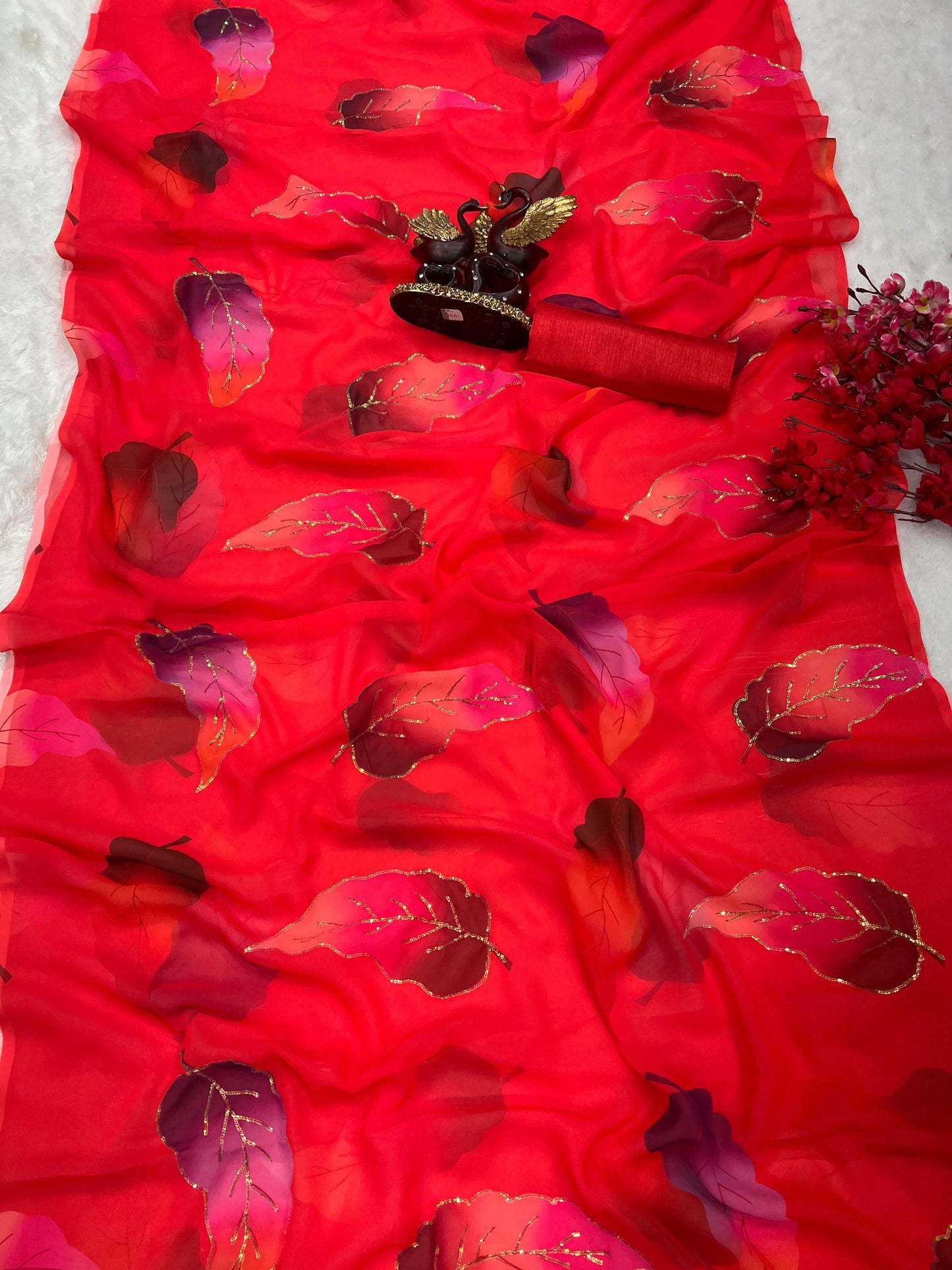 Red Festive Party Wear Georgette Saree with Hand Sequin Work