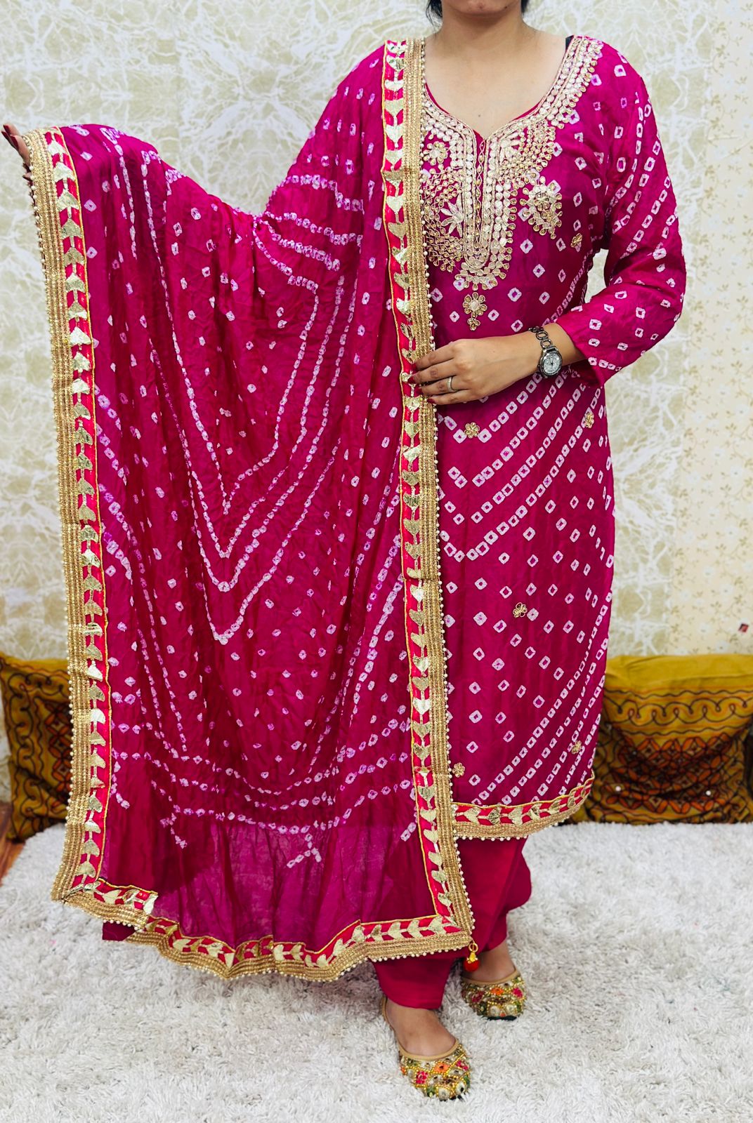 Pink Silk Bandhani Salwar Kameez with Dupatta