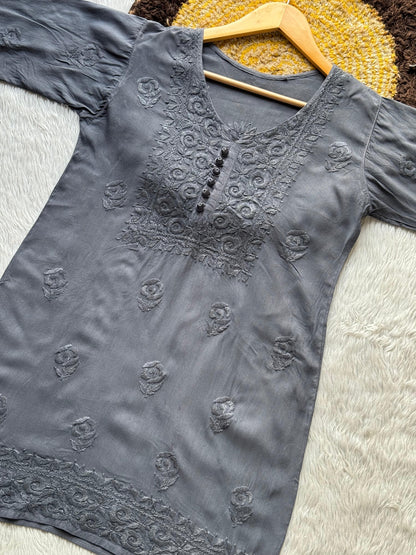 Grey Elegant Lucknow Chikankari Short Kurti with Dhoti Set