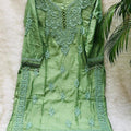 Green Handcrafted Resham Kurashiya Kurti & Lycra Chikankari Pants Set