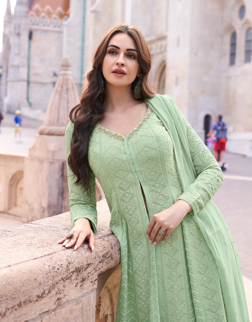 Pastel Green Elegant Front Slit Chikan Work Salwar Kameez Suit with Dupatta