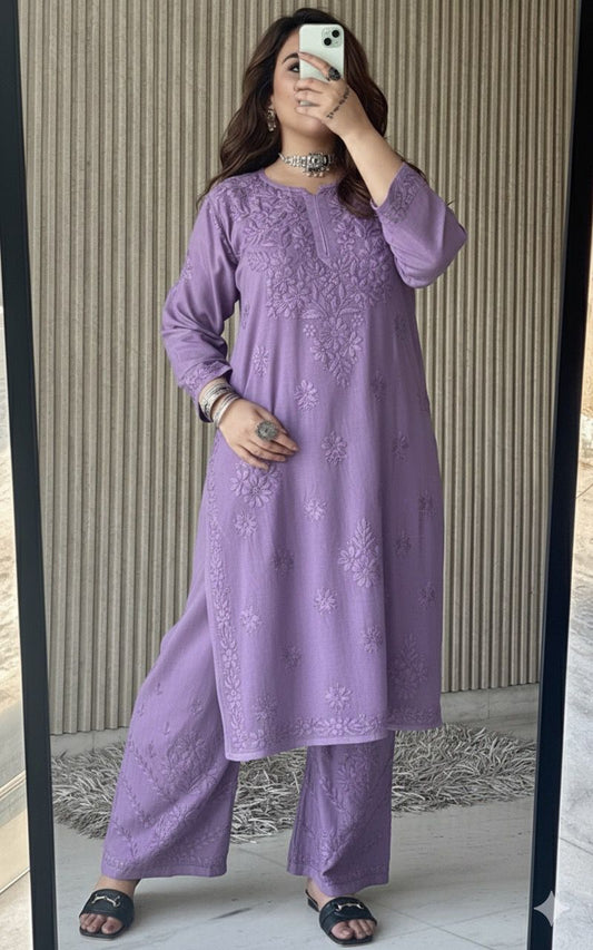 Mauve Lucknow Chikankari Rayon Kurta Palazzo Co-ord Set with Tone-to-Tone Hand Embroidery