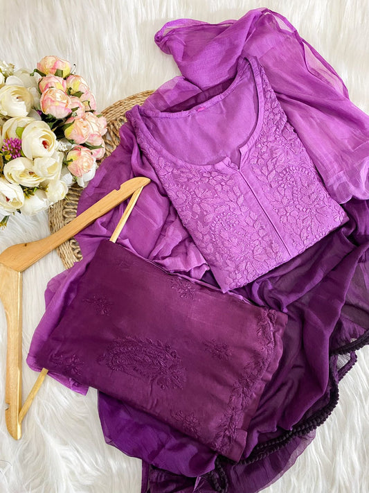 Purple Ombre Lucknow Chikankari Kurti, Palazzo, and Dupatta 3-Piece Set