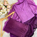 Purple Ombre Lucknow Chikankari Kurti, Palazzo, and Dupatta 3-Piece Set