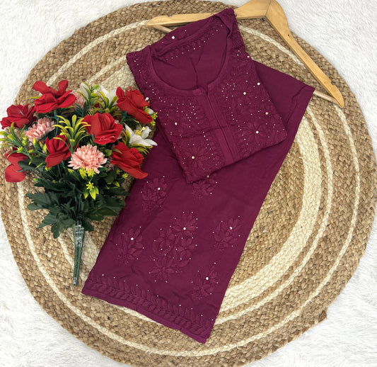 Wine Lucknowi Chikankari Mukesh Work Cotton Kurti & Palazzo Matching Co-ord Set ❤️