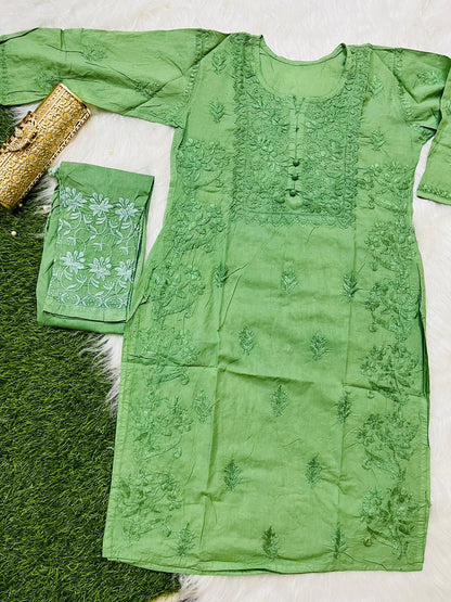 Parrot Green Cotton Chikankari Hand Work Kurta Pant Suits