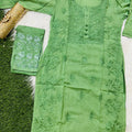 Parrot Green Cotton Chikankari Hand Work Kurta Pant Suits
