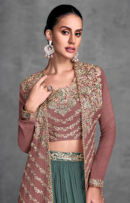 Dusty Pink Opulence Premium Indo-Western Long Jacket Top & Lehenga Set