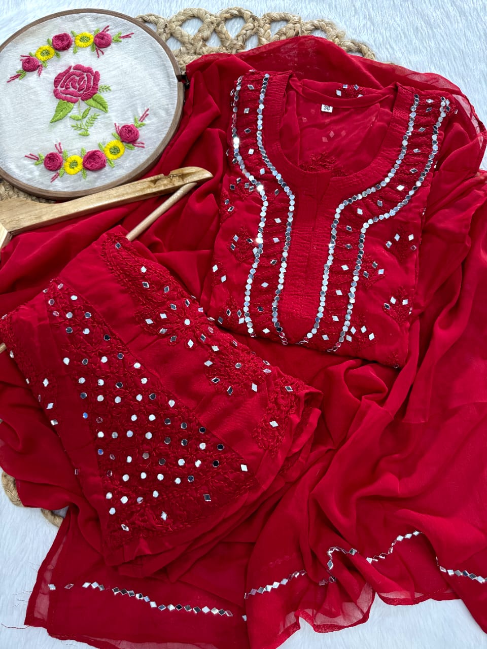 Red Lucknow Chikankari Mirror Work 3-Piece Sharara Set