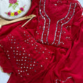 Red Lucknow Chikankari Mirror Work 3-Piece Sharara Set