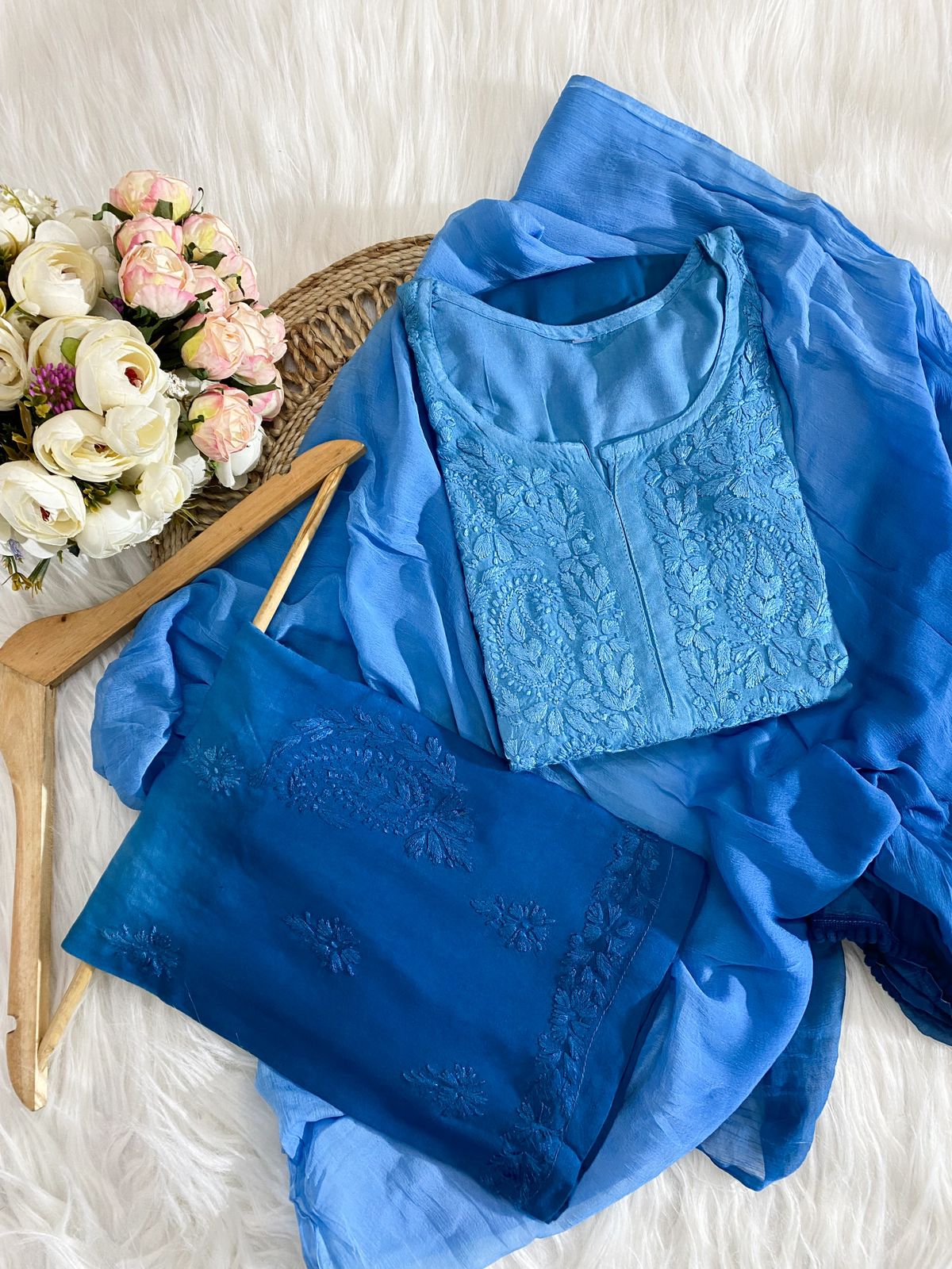 Blue Ombre Lucknow Chikankari Kurti, Palazzo, and Dupatta 3-Piece Set