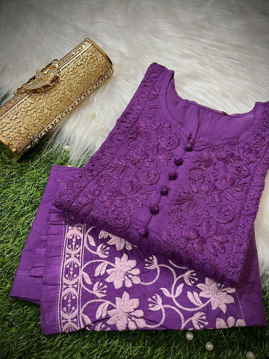 Purple Cotton Chikankari Hand Work Kurta Pant Suits