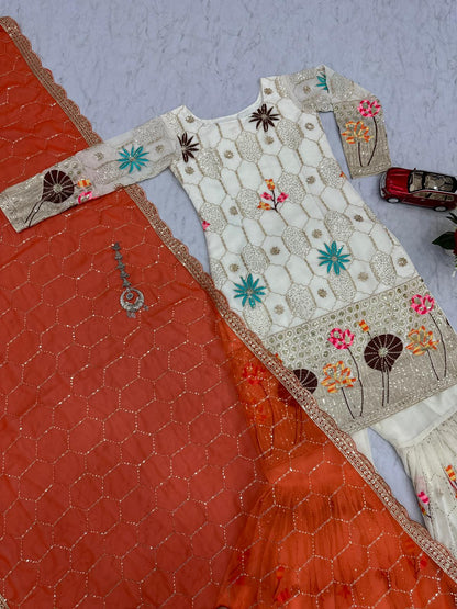 Ethereal White Georgette Sharara Set with Vibrant Orange Dupatta