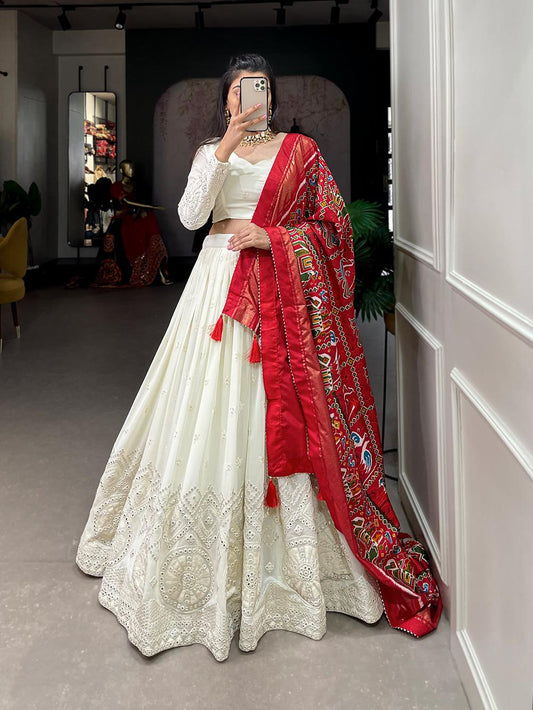 White  Elegant Lucknowi Paper Mirror Work Lehenga Choli Set Red Dupatta