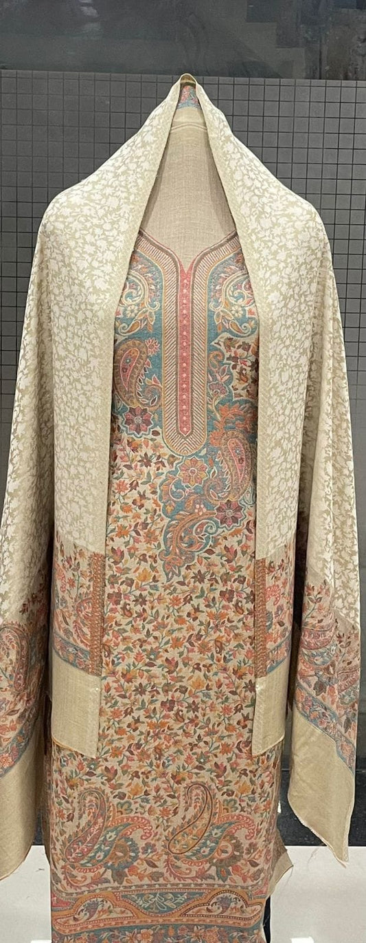 Beige Multicolor Premium Winter 2025 Pashmina Kani Suit Set with Stole & Bottom