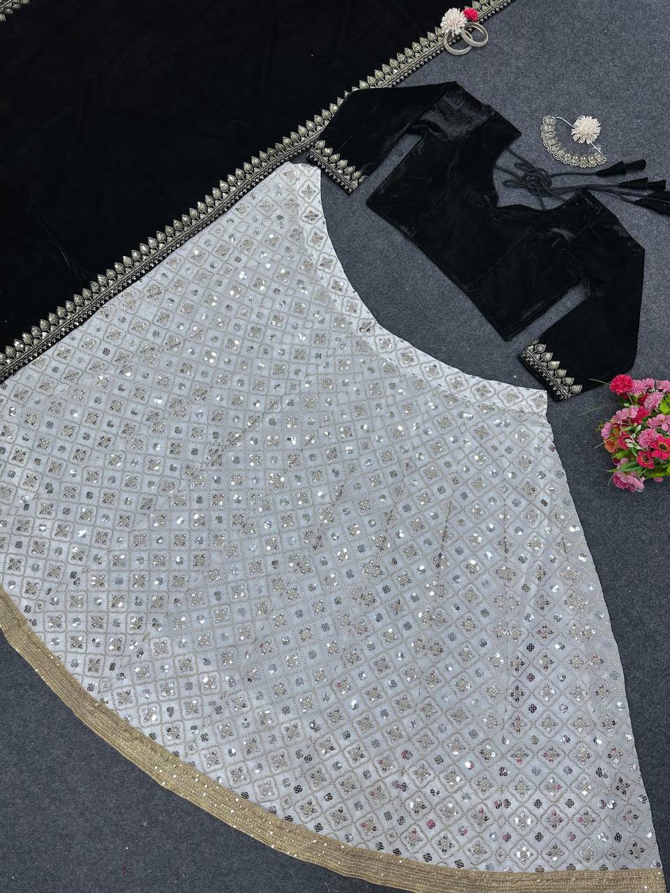 White Black Party Wear Bridesmaid Lehenga with Velvet Choli and Dupatta (Best Seller)