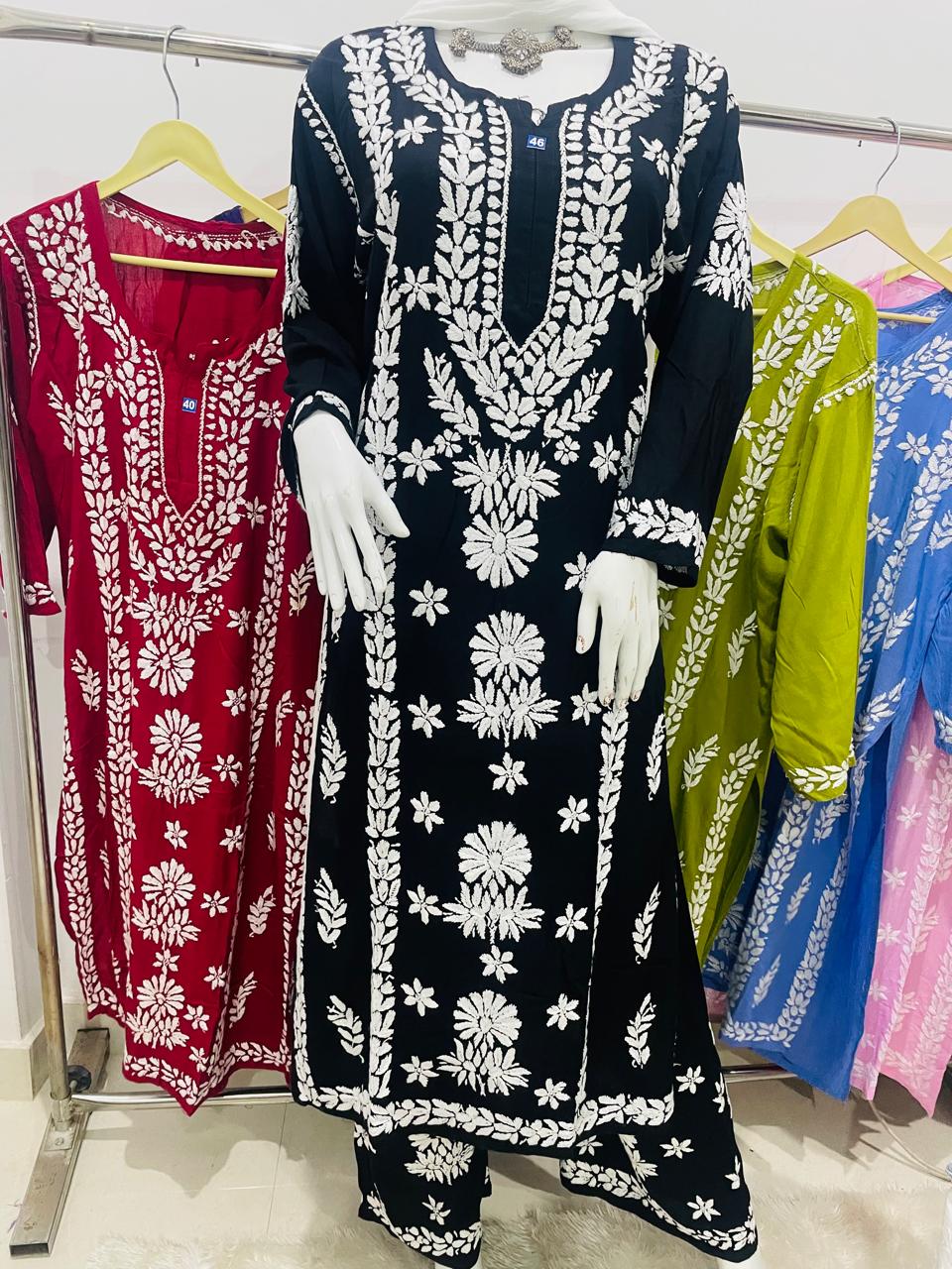 Black Lucknow Chikankari Long Kurta with Heavy Chikankari Work & Pallazo Set