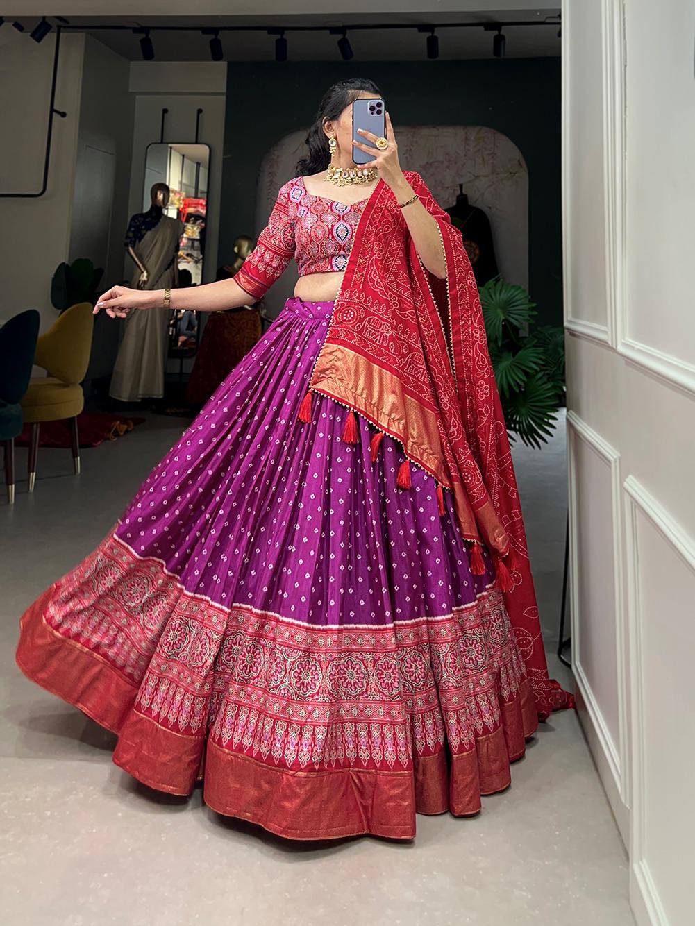 Bandhani and Ajrakh Print Dola Silk Chaniya Choli for Navratri Garba