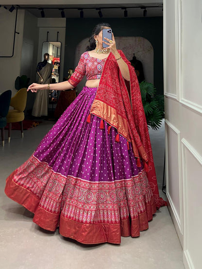 Bandhani and Ajrakh Print Dola Silk Chaniya Choli for Navratri Garba