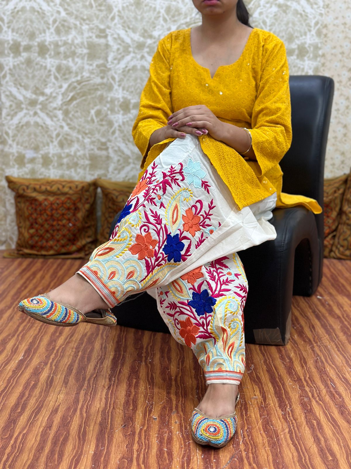Yellow Design - 4  Elegant Patiala Salwar Set with Pure Cotton Chikankari Kurti