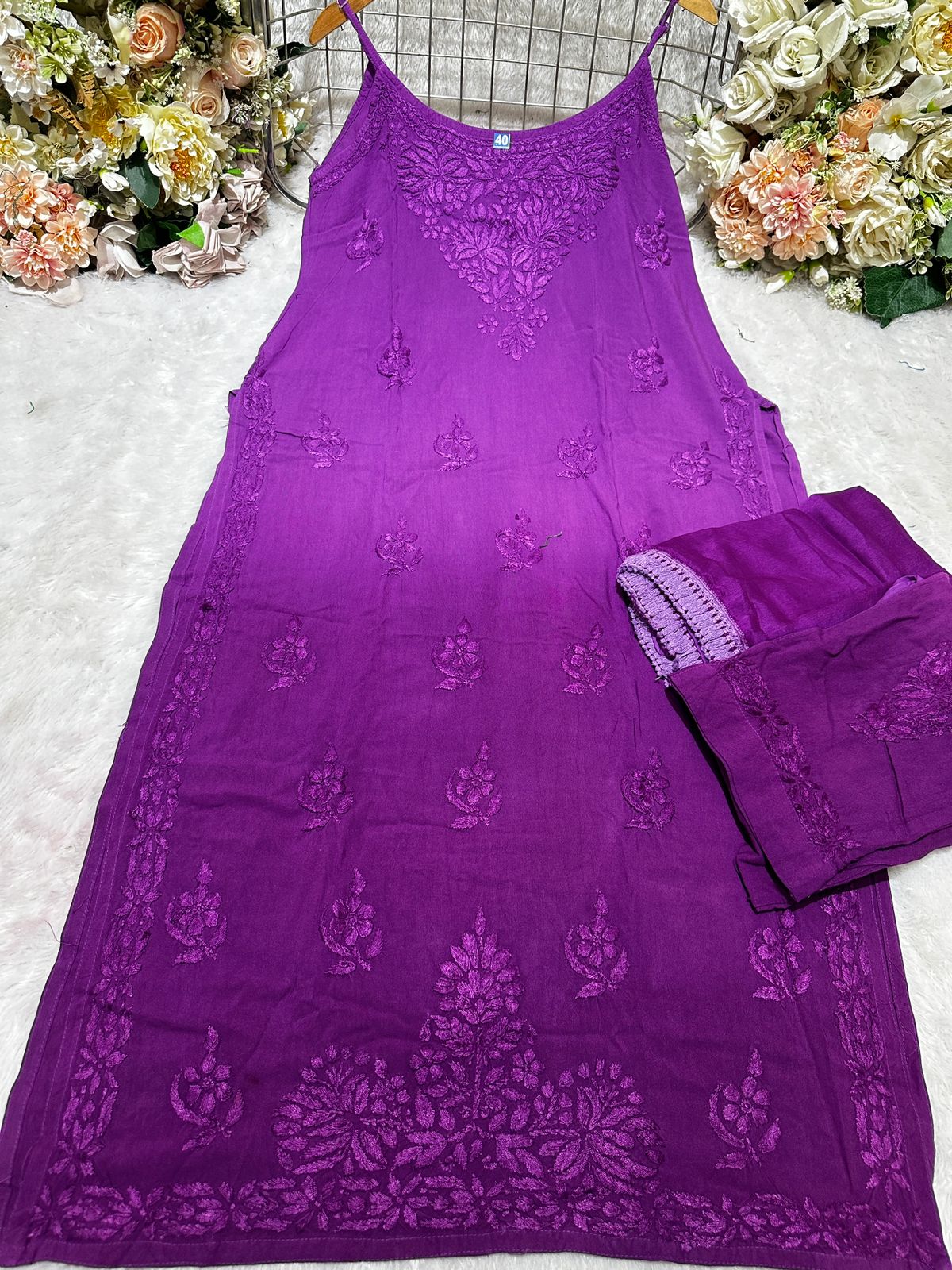 Purple Lucknow Chikankari Noodle Strap Kurta + Pant 3-Piece Set