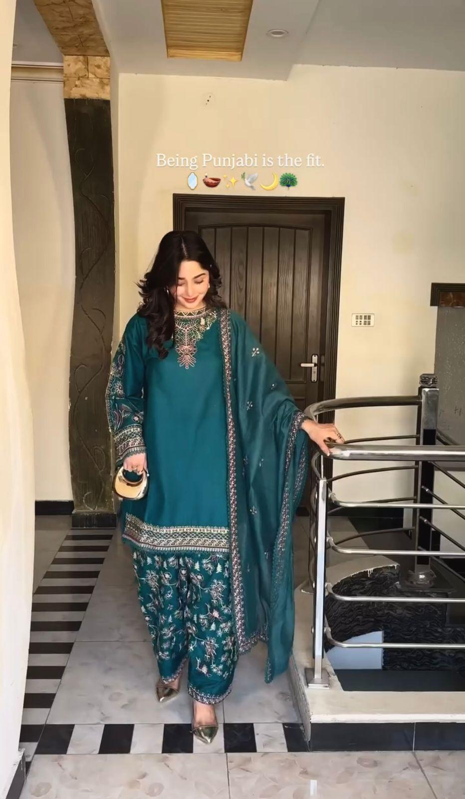 Teal Green Designer Georgette Top-Dhoti and Dupatta Set