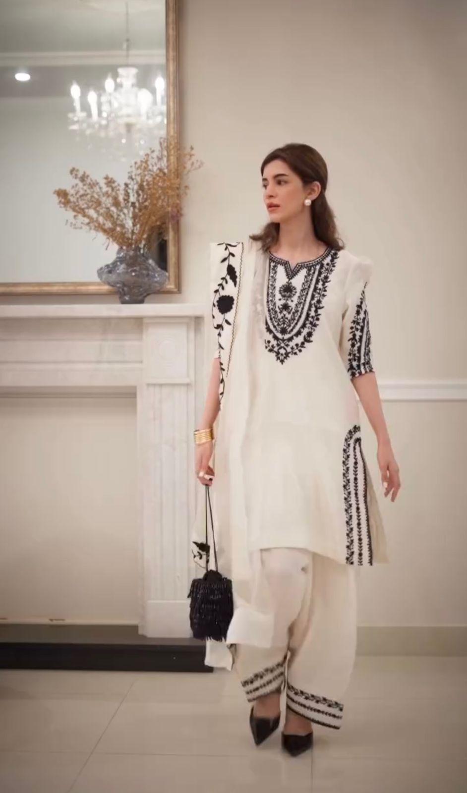 Elegant White Embroidered Crepe Farshi Salwar Suit Set