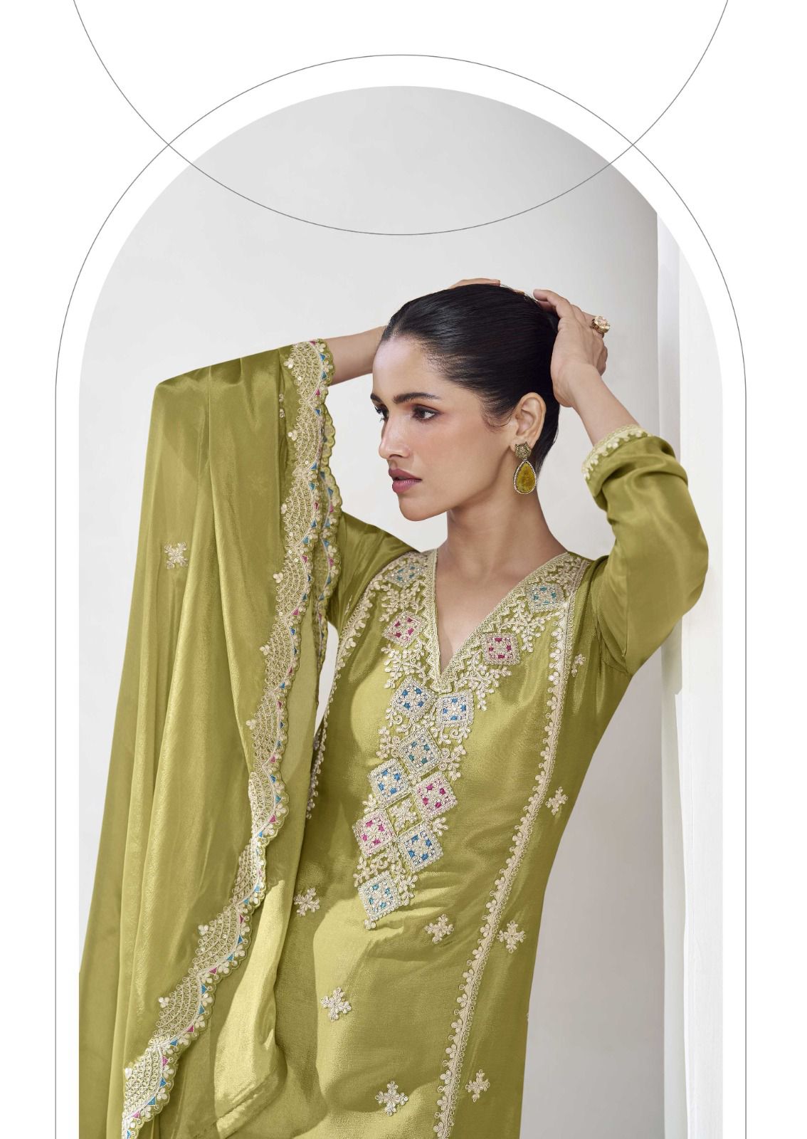 Green Premium Chinnon Silk Party Wear Kurta Palazzo Dupatta Set