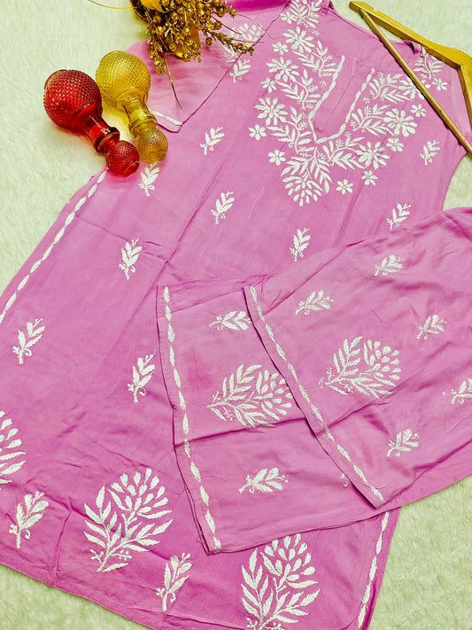 Pink Elegance Unveiled: Lucknawi Chikankari Heavy Work Rayon Kurti with Chikankari Palazzo Set