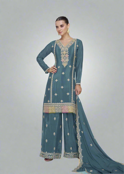 Teal Blue Premium Chinnon Silk Party Wear Kurta Palazzo Dupatta Set