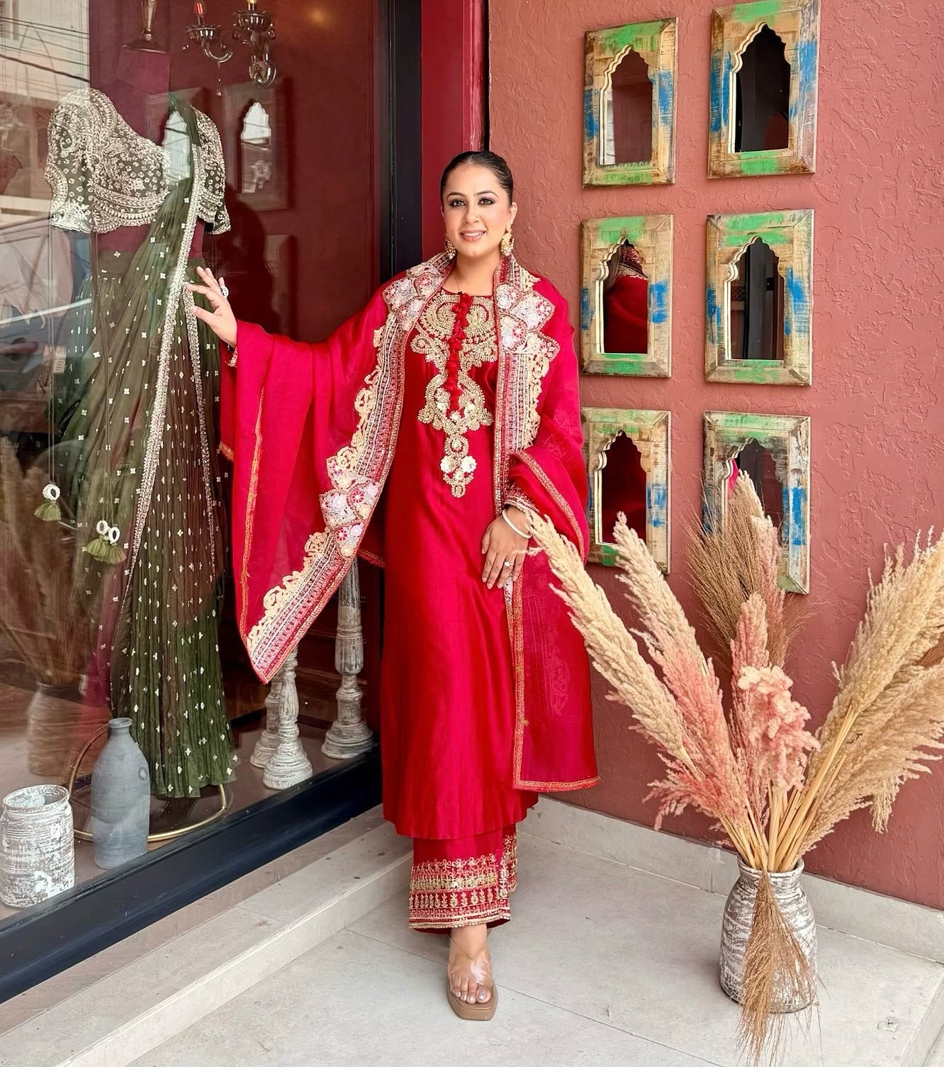Festive red Roman beaded embroidered palazzo suit with dupatta – front view