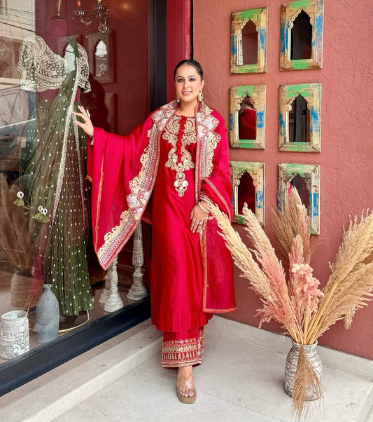 Festive red Roman beaded embroidered palazzo suit with dupatta – front view