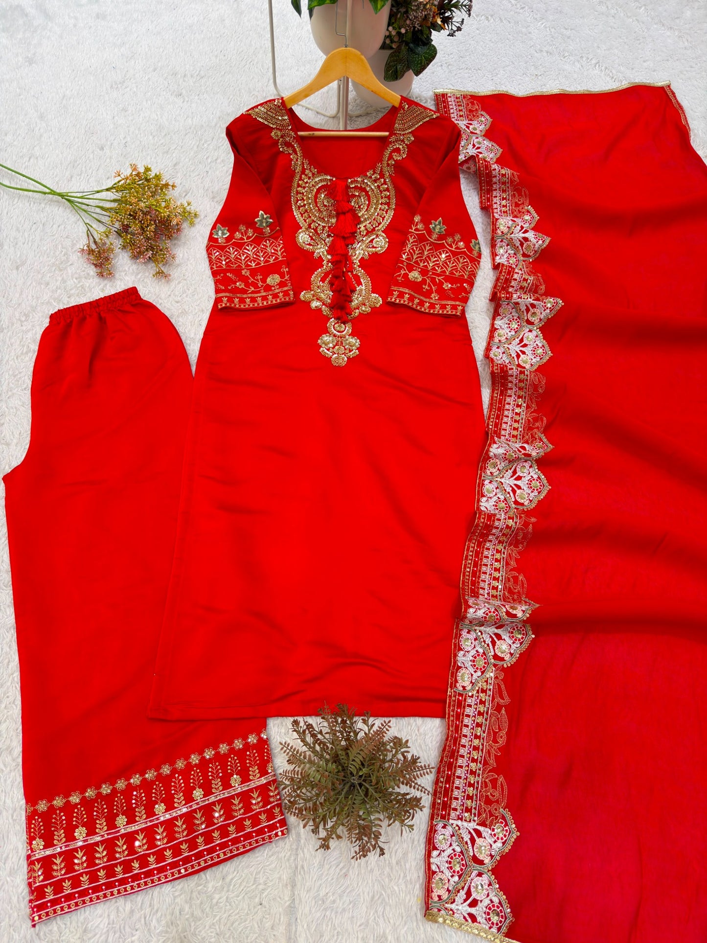 Festive red Roman kurti palazzo and embroidered dupatta complete set