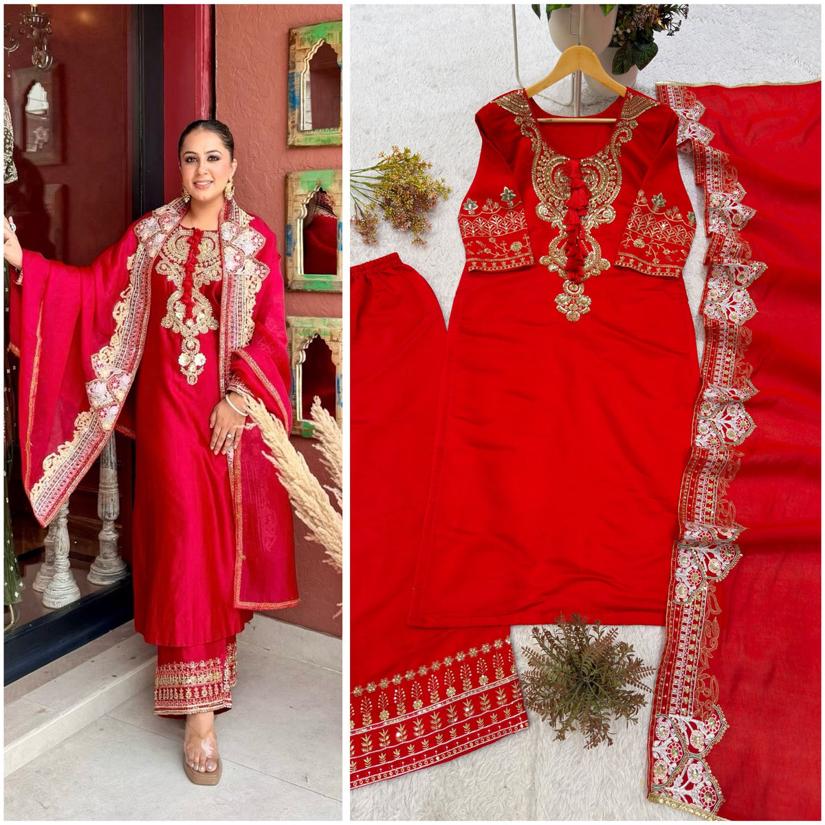Festive red Roman palazzo suit model view and complete set flat lay