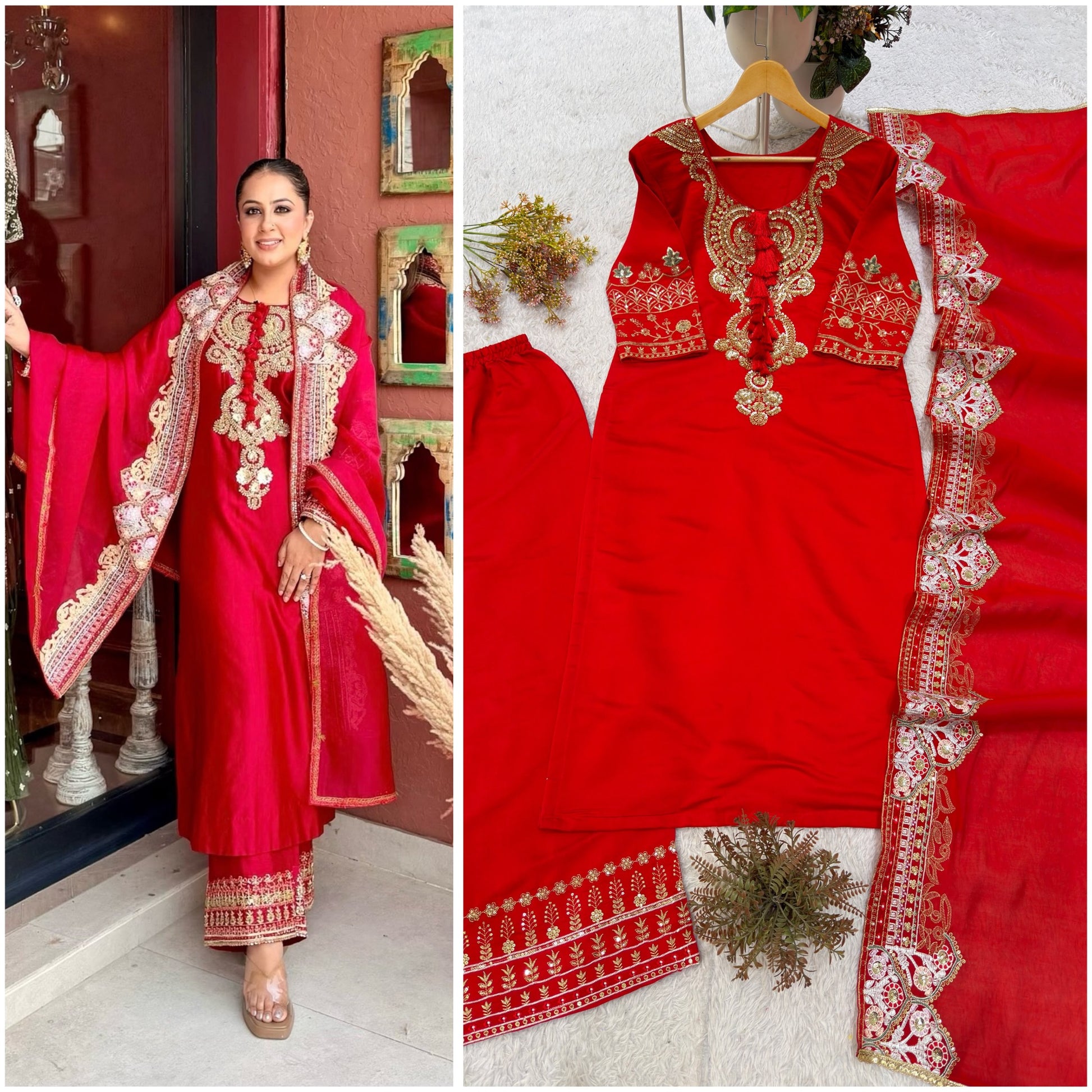 Festive red Roman palazzo suit model view and complete set flat lay