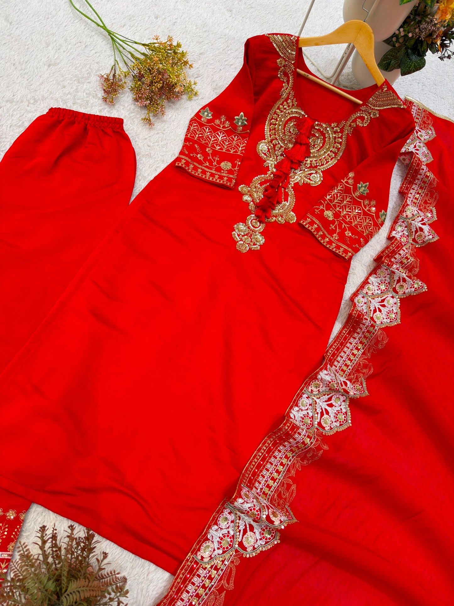Festive red Roman three piece palazzo suit flat lay