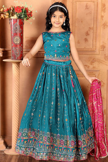 Turquise Blue Kids Lehenga Choli with Multicolor Embroidery